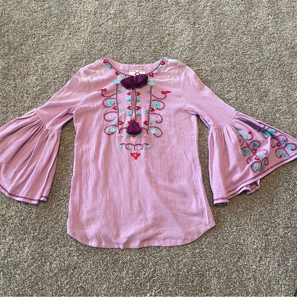 Figue blouse‎ purple embroidered tassel small boho resort peasant style eclectic